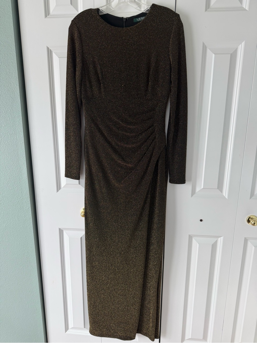 Lauren Ralph Lauren Metallic Gold Long-Sleeve Ruched Gown